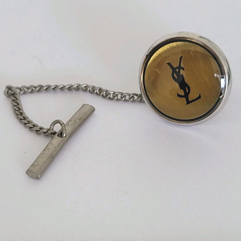 Yves Saint Laurent YSL Tie Necktie Pin Silver Gold Tone Logo Round Vintage